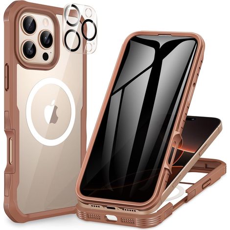 Magnétique Anti Espion Coque iPhone 16 Pro Max, Compatible avec MagSafe intégré Verre Trempé Protection écran et Protecteur Caméra, Antichoc Housse Double Face Etui Intégrale -Marron Désert (1/5)