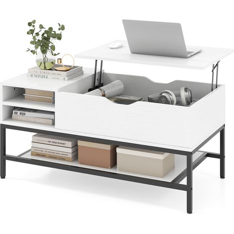 COSTWAY Table Basse Plateau Relevable, Table Salon Relevable avec Rangement Caché, Compartiments Ouverts, Mécanisme de Levage, Cadre en Métal, pour Salon, 99,5 x 49,5 x 47,5 cm (Blanc) (1/4)