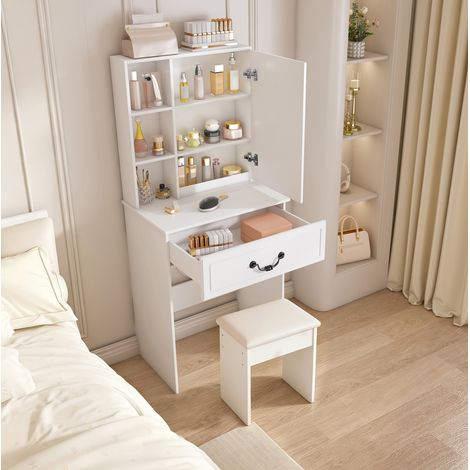 Coiffeuse 60/131,5/36 cm blanche avec LED, miroir intégré et tabouret rembourré (1/5)
