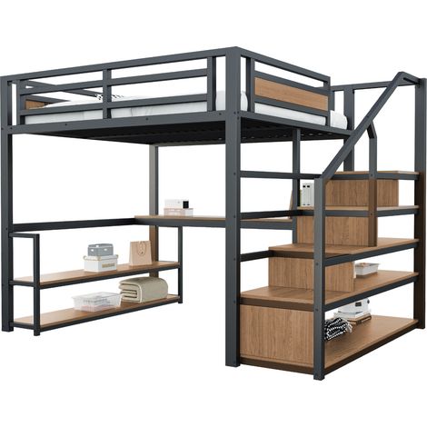 Hochbett 140×200 cm mit Aufbewahrungstreppe, Schreibtisch und Regalen, ohne Matratze, Schwarz (1/5)