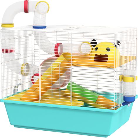 PawHut Gabbia per Criceto in Acciaio con Accessori Bianco e Azzurro