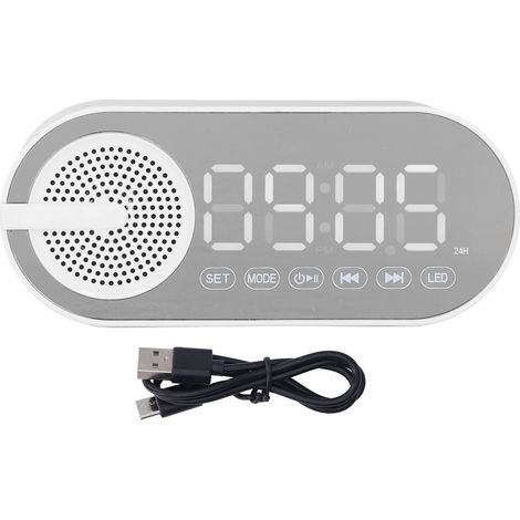 Haut-parleur Bluetooth 5.0, horloge miroir, basses profondes, radio FM, réveil numérique rechargeable avec lumières sept couleurs, blanc.