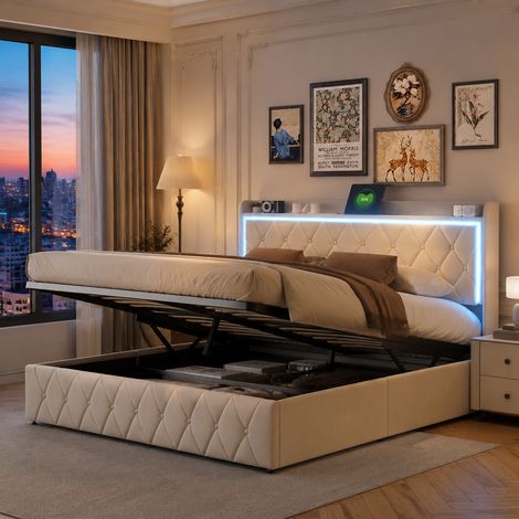 Cadre de lit métallique 160x200 cm, style industriel, tête PU, LED RGB télécommandée, ports USB, 4 tiroirs de rangement (1/5)