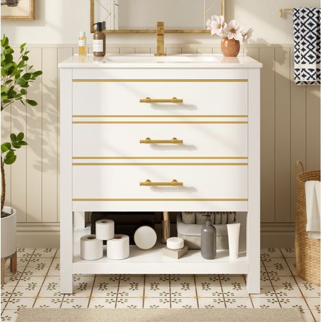 Mobile lavabo moderno 76 cm con lavabo integrato, MDF laccato bianco lucido e oro, 2 cassetti e vano aperto (1/5)