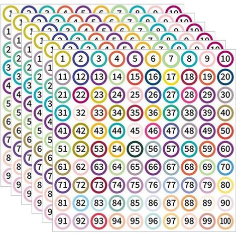 12 hojas de pegatinas de números de colores del 1 al 100, pegatinas de números pequeños con puntos, números negros (1/5)