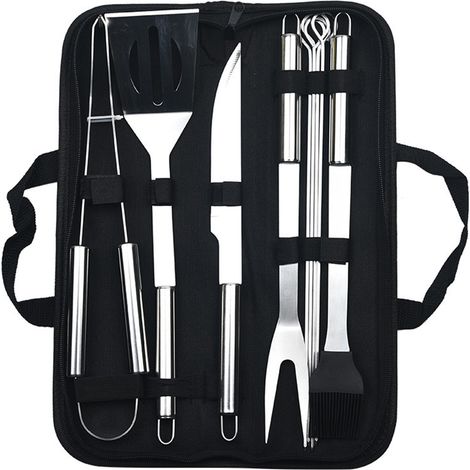 Ensemble de grillades en acier inoxydable pour barbecue, comprenant 9 pièces, un sac de rangement et des poignées. (1/2)