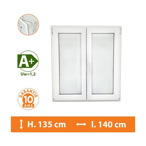 Direct Fenêtres – Fenêtre PVC 2 vantaux blanc H.135 x l.140 cm – Double vitrage 4/16/4 – Isolation thermique Uw 1,2 – Système oscillo-battant (1/4)