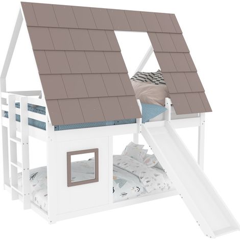 Lit superposé enfant 140 x 200 cm - avec toit - échelle et toboggan - blanc et marron（sans matelas）