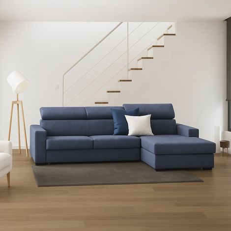Dmora - Sofá fijo Dgritt, Sofá de esquina, 100% Made in Italy, Sofá de salón con chaise longue, en tela acolchada - península contenedor derecho, con reposabrazos estándar, Cm 280x95h85, Azul (1/5)