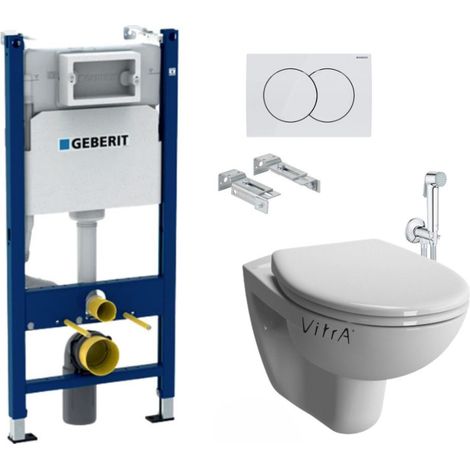 Pack WC Bati-support Geberit Duofix + WC suspendu Vitra Normus + Abattant softclose + Douchette bidet + Plaque blanche