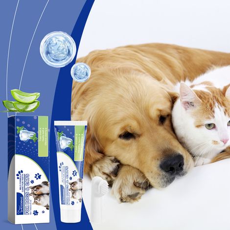 Kit de nettoyage bucco-dentaire pour chats et chiens : nettoyage doux des dents et haleine fraîche – 100 g x 1 + brosse à dents blanche x 1 (1/5)
