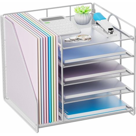 Organiseur de Bureau à 5 Niveaux – Rangement de Documents avec Porte-Fichiers, Corbeille à Courrier en Maille Métallique – Blanc (1/5)