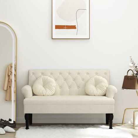 Banc avec dossier rembourré, accoudoirs et pieds en bois, coloris lin, 120 x 62 x 75,5 cm - PANGIVO (1/5)