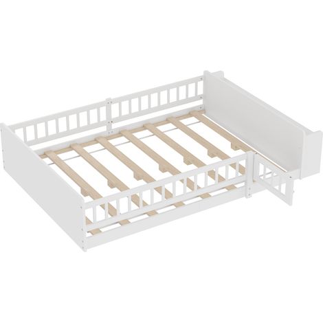 Cama infantil de madera 140x190 cm con compartimentos abiertos y puerta, blanca (1/5)