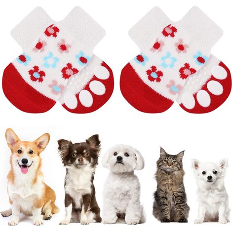 Chaussettes Anti-Dérapantes Chien Chat MOTIF FLEUR blanc rouge L