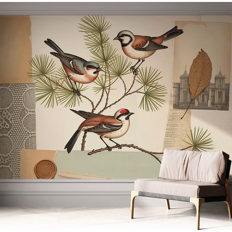 Tapete Selbstklebend - abwaschbar - Tapete mit Motiv - trendige Wanddeko - elegant Fototapete Vogelcollage 312x219 cm (1/5)