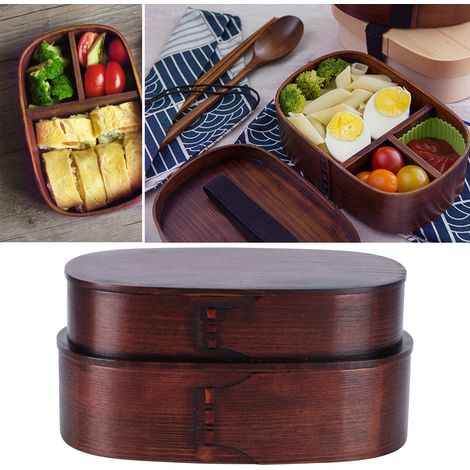 Boîte à bento japonaise en bois pour déjeuner, 19x10x9.5cm, idéale étudiants et travailleurs, rangement alimentaire pratique. (1/5)