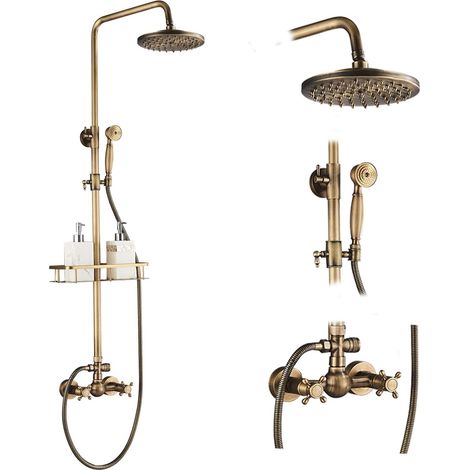 Bathroom Shower System Antique Brass Finish 8 inch Round Rainfall Shower Head and Hand Sprayer with Shelf Holder Shower Set