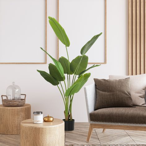 Pianta di banano artificiale decorativa da 160 cm con vaso e foglie per interni, verde