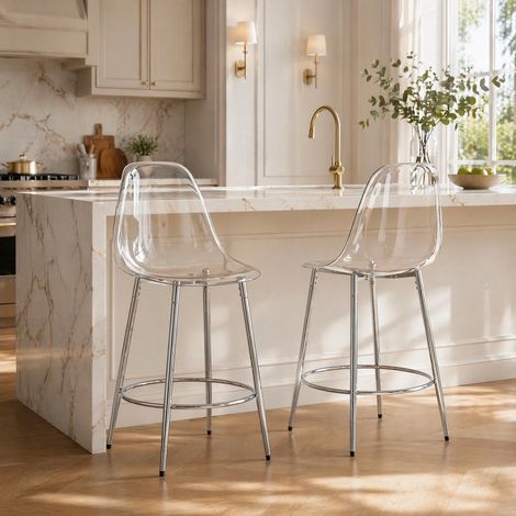 Sgabelli da bar trasparenti 59x41,5x102 cm in plastica e metallo, stile moderno FLORAGRACE (1/5)