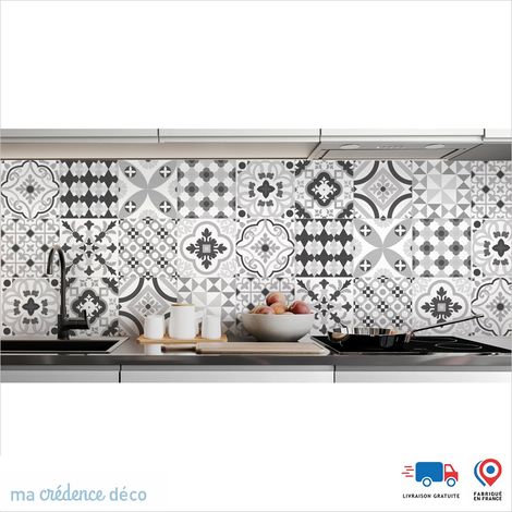 Crédence : Carreaux ciment colorés - Couleur gris - Alu composite - 120 - 60 (1/3)