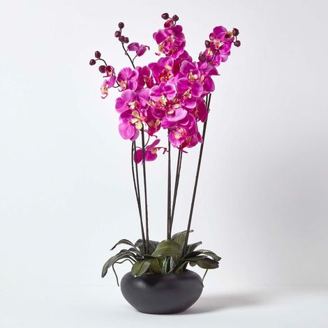HOMESCAPES Large Oriental Style Cerise Orchids in Black Bowl - Pink (1/5)