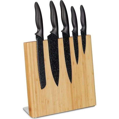 Bloc couteaux aimanté en bambou Porte-couteaux universel 27,5 x 28 x 12 cm Design moderne avec socle inox Gain de place pour rangement (1/5)