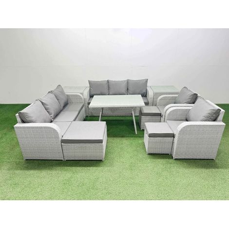 Fimous Rattan High Back Lounge Sofa Set Patio Dining Table & Chairs Set with 3 Seater Sofa 2 Reclining Chairs 2 Side Tables 3 Stool Light Grey (1/4)