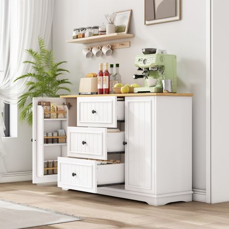 Credenza moderna ed elegante con 3 cassetti e ante tipo frigorifero, mobile buffet per sala da pranzo, soggiorno e corridoio (bianco)
