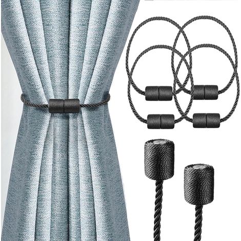 Ruban de rideau magnétique en 4 pièces - Cordon de rideau magnétique - Support de rideau - Crochet pour ruban de rideau - Cordon de rideau noir - Polyester - Noir (1/5)