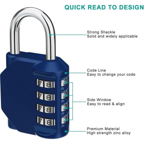 Cadenas à combinaison pour casier, cadenas résistant aux intempéries pour portail de clôture, abris de jardin, serrure à combinaison à 4 chiffres pour casier de gym, casier scolaire (bleu) (1/4)