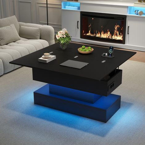 Table basse relevable extensible 100x50x51,5 cm, plateau 100x100 cm, rangement caché, LED, prise européenne, USB/USB-C, panneaux de particules, noir
