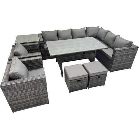 Fimous Rattan Garden Furniture Set Outdoor 10 Seater Patio Dining Corner Sofa Sets with Dining Table 2 Chairs 2 Small Stools Side Table Dark Grey Mixed (1/5)