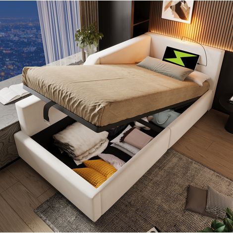 MEUBLIV Lit banquette 90 x 190 cm en velours beige avec rangement hydraulique lampe de lecture et charge USB C cadre en fer et sommier à lattes en bois (1/5)