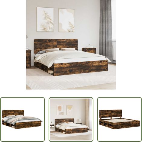 vidaXL Lit chêne fumé -  Cadre de lit Chêne fumé 200 x 200 cm Pin massif (1/5)