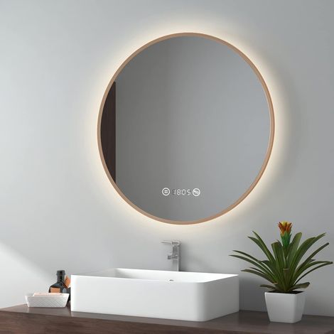 EMKE Specchio da bagno LED con interruttore touch, antiappannamento, orologio, temperatura, dimmerabile, funzione memory, luce neutra, diametro 70 cm cornice in rame