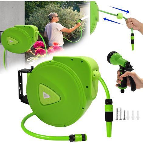 Froadp 30m Wandschlauchbox Automatisch Schlauchtrommel 180° Schwenkbare Gartenschläuche Trommel 3/4" Anschluss Schlauchaufroller mit Schlauchstopp & Schnell-Verschlusskupplung (1/5)