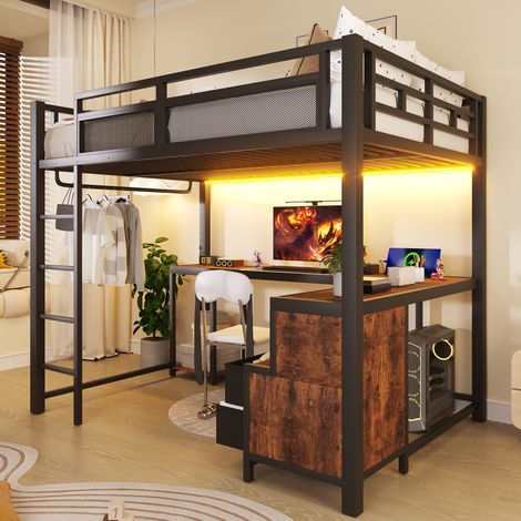 Lit mezzanine enfant en métal 140x200 cm,avec éclairage LED, tation charge USB, bureau et espaces de rangement,cadre de Lit superposé double,Noir (1/5)