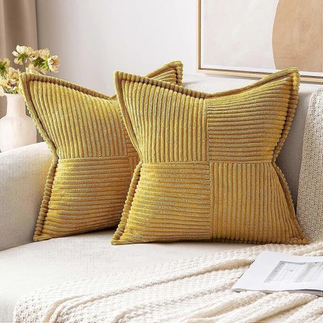 Housses de coussin en velours côtelé avec empiècements, lot de 2, style bohème, rayures douces, coussins décoratifs texturés, 45 x 45 cm, jaune moutarde (1/5)