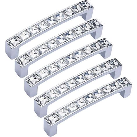 Lot de 5 poignées modernes décorées en cristal, 10 cm de long Poignée de tiroir en alliage de zinc (trou central de 9 cm), argent clair, avec strass en verre, pour commode, placard, penderie (1/5)