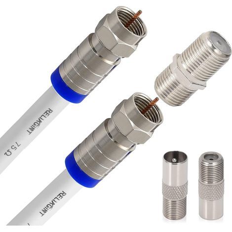 Câble coaxial TV RG6 1m – 75 Ohm, câble antenne TV et satellite avec connecteurs F et coupleur F81 pour rallonge, cuivre, étanche, jusqu’à 3 GHz, blanc