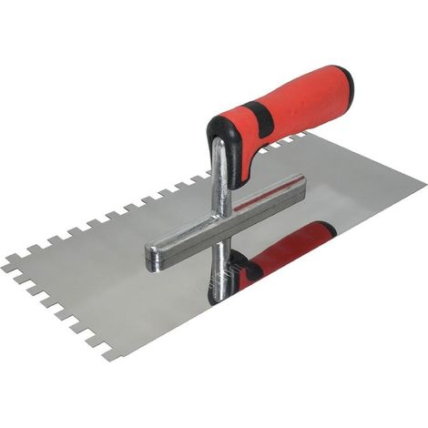 Truelle de finition 300 x 130 mm en acier inoxydable, frattone denté 8 mm pour enduit ciment et joint de carrelage, manche bimatière souple ergonomique