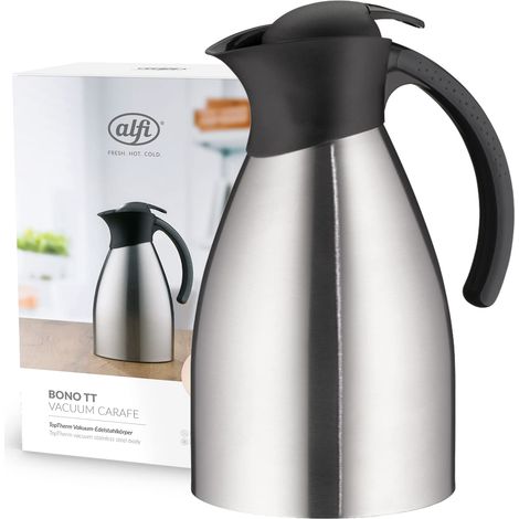 alfi BONO TT 1,5l, caraffa thermos isolante con doppia parete in acciaio, con plastica nera, tiene caldo per 12 ore, freddo per 24 ore, chiusura a vite con comodo pulsante,per lavastoviglie,senza BPA (1/5)