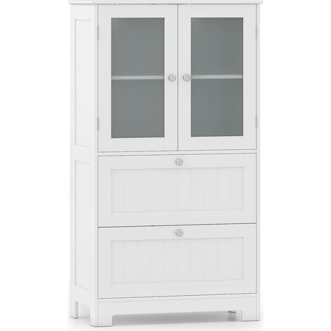 GOPLUS Meuble Salle de Bain, 60 x 30 x 108 CM, Colonne Salle de Bain avec 2 Portes en Verre Trempé, Plateau Grand, 2 Tiroir Coulissant, Étagère Réglable sur 3 Niveaux, Idéal pour Salon, Cuisine, Blanc (1/5)