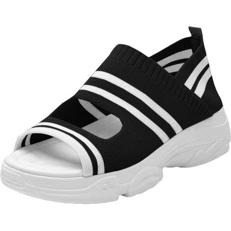 Sandalias de verano para mujer con puntera abierta y suela gruesa - Estilo casual y cómodo - Sandalias de playa con tiras - Talla 45, Negro, EU 39.5 (1/5)
