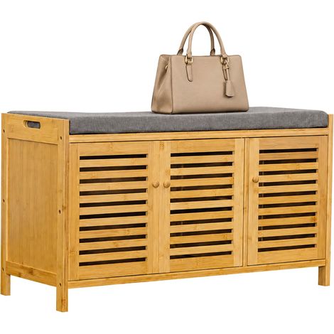 Relaxdays Schuhbank, gepolsterte Sitzfläche, Bambus, 3 Fächer, HxBxT: 50 x 90 x 35 cm, Schuhsitzbank Flur, natur/grau (1/5)