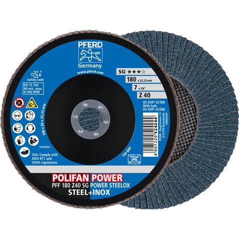 PFERD TOOLS POLIFAN POWER Fächerscheibe PFF 180x22,23 mm flach Z40 SG STEELOX Stahl/Edelstahl 10 Stk (1/4)