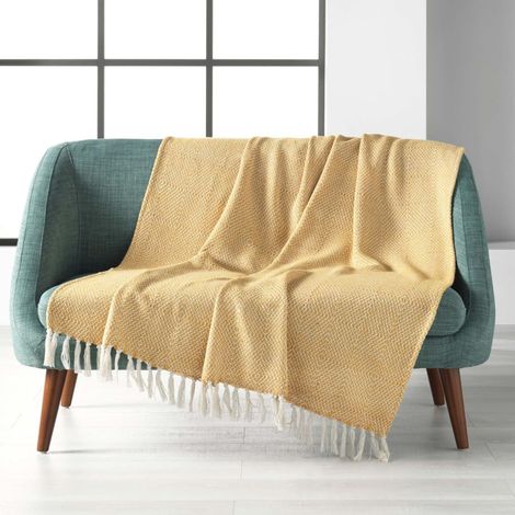 Plaid a franges 125 x 150 cm coton tisse louisette Jaune (1/5)