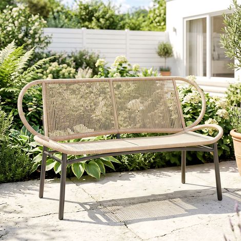 Banc de jardin 2 places, banc d'extérieur en résine tressée avec cadre en métal, résistant aux intempéries, naturel (1/5)