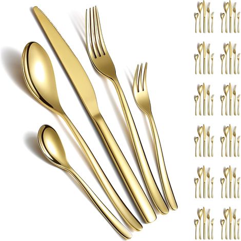 Ensemble de couverts en or 60pcs pour 12, couverts en acier inoxydable plaqué titane doré, couteaux pour la maison, le mariage, le restaurant, l’hôtel, le lave-vaisselle (1/5)
